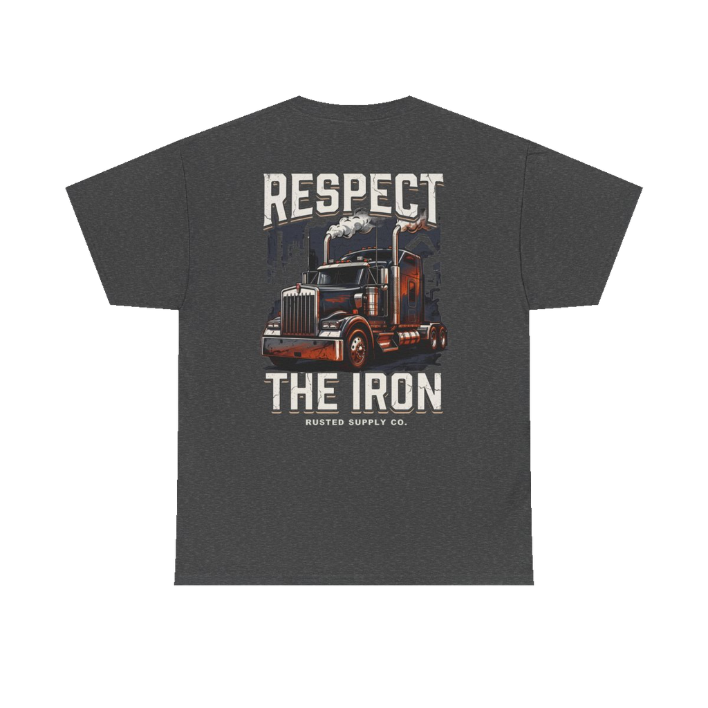 RESPECT THE IRON conventional semi back print on a dark heather tee