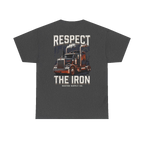 RESPECT THE IRON conventional semi back print on a dark heather tee