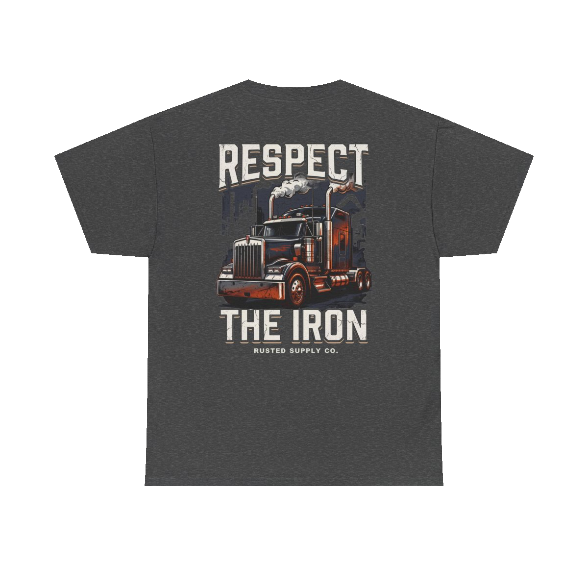 RESPECT THE IRON conventional semi back print on a dark heather tee
