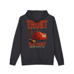 TRUST THE RUST dragline crane back print on a charcoal heather hoodie