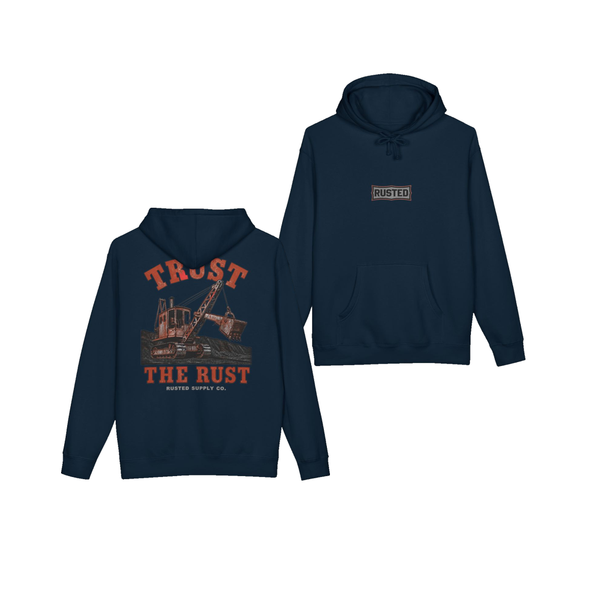 TRUST THE RUST steam shovel navy hoodie, front and back