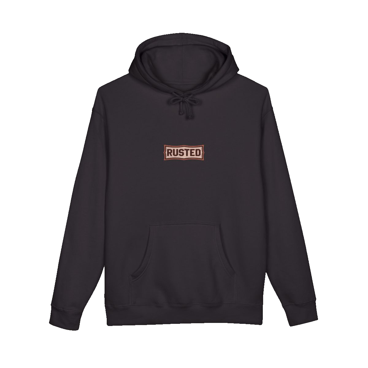 TRUST THE RUST chest badge on a black hoodie