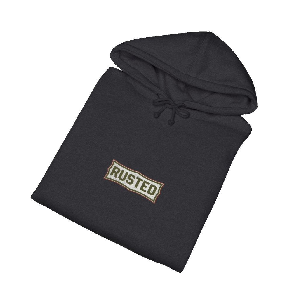 Folded charcoal heather TRUST THE RUST cable dozer hoodie