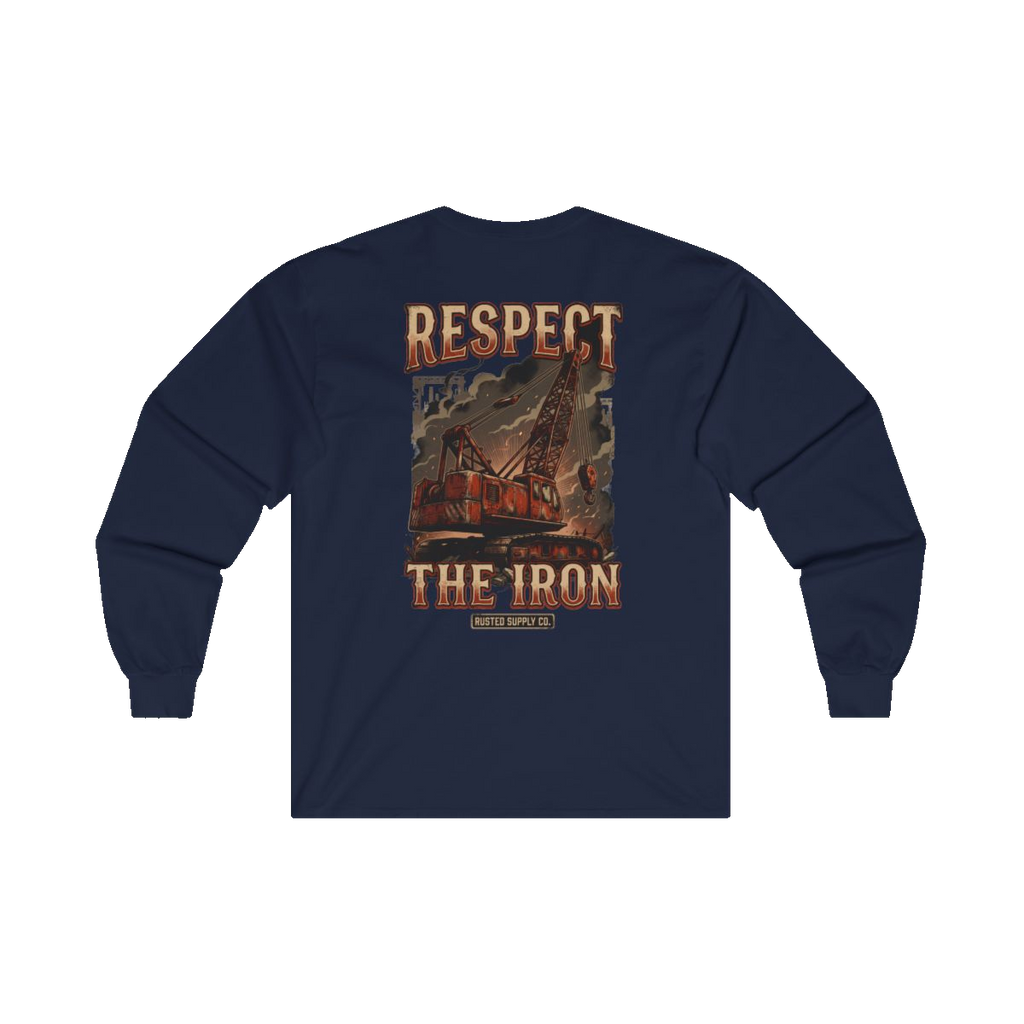 RESPECT THE IRON crawler crane back print on a navy long sleeve