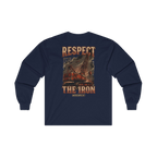RESPECT THE IRON crawler crane back print on a navy long sleeve
