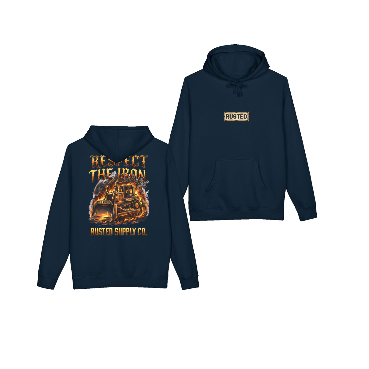 RESPECT THE IRON crawler dozer navy hoodie, front and back
