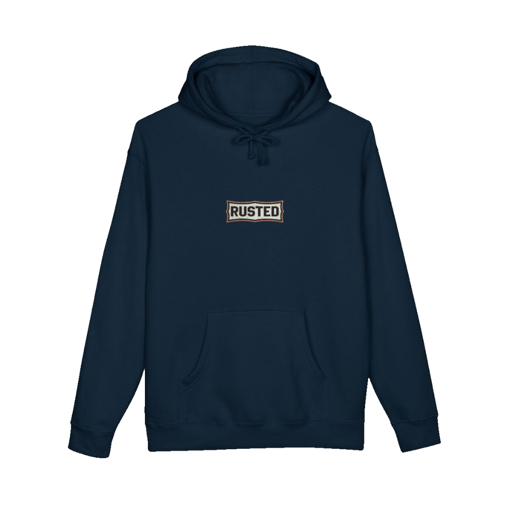 RESPECT THE IRON chest badge on a navy hoodie