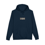 RESPECT THE IRON chest badge on a navy hoodie