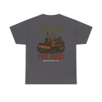 TRUST THE RUST cable dozer back print on a charcoal tee