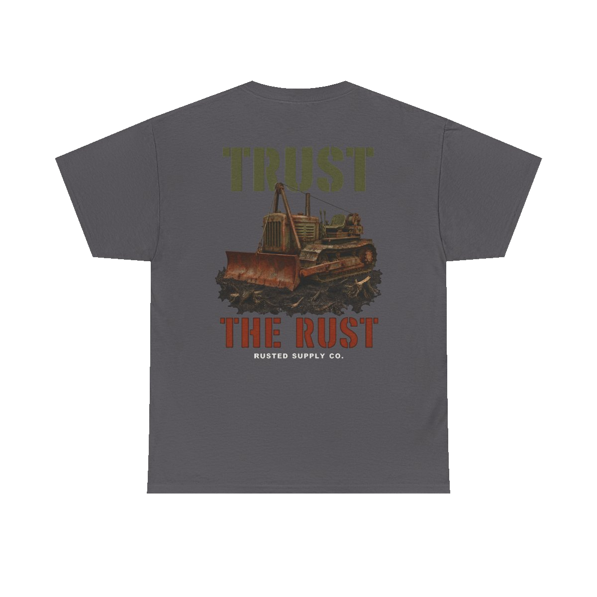 TRUST THE RUST cable dozer back print on a charcoal tee