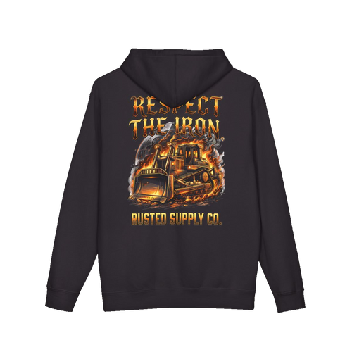 RESPECT THE IRON crawler dozer back print on a black hoodie