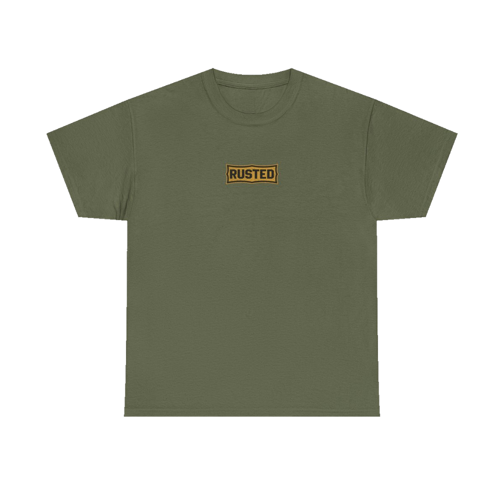 TRUST THE RUST chest badge on a military green tee