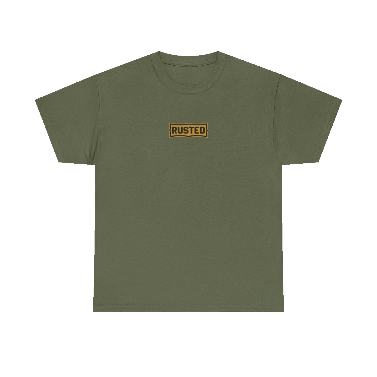 TRUST THE RUST chest badge on a military green tee