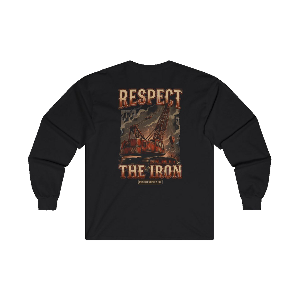 RESPECT THE IRON crawler crane back print on a black long sleeve