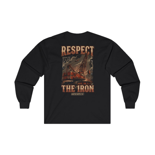 RESPECT THE IRON crawler crane back print on a black long sleeve