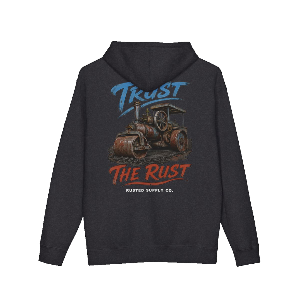 TRUST THE RUST steam roller back print on a charcoal heather hoodie