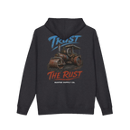 TRUST THE RUST steam roller back print on a charcoal heather hoodie