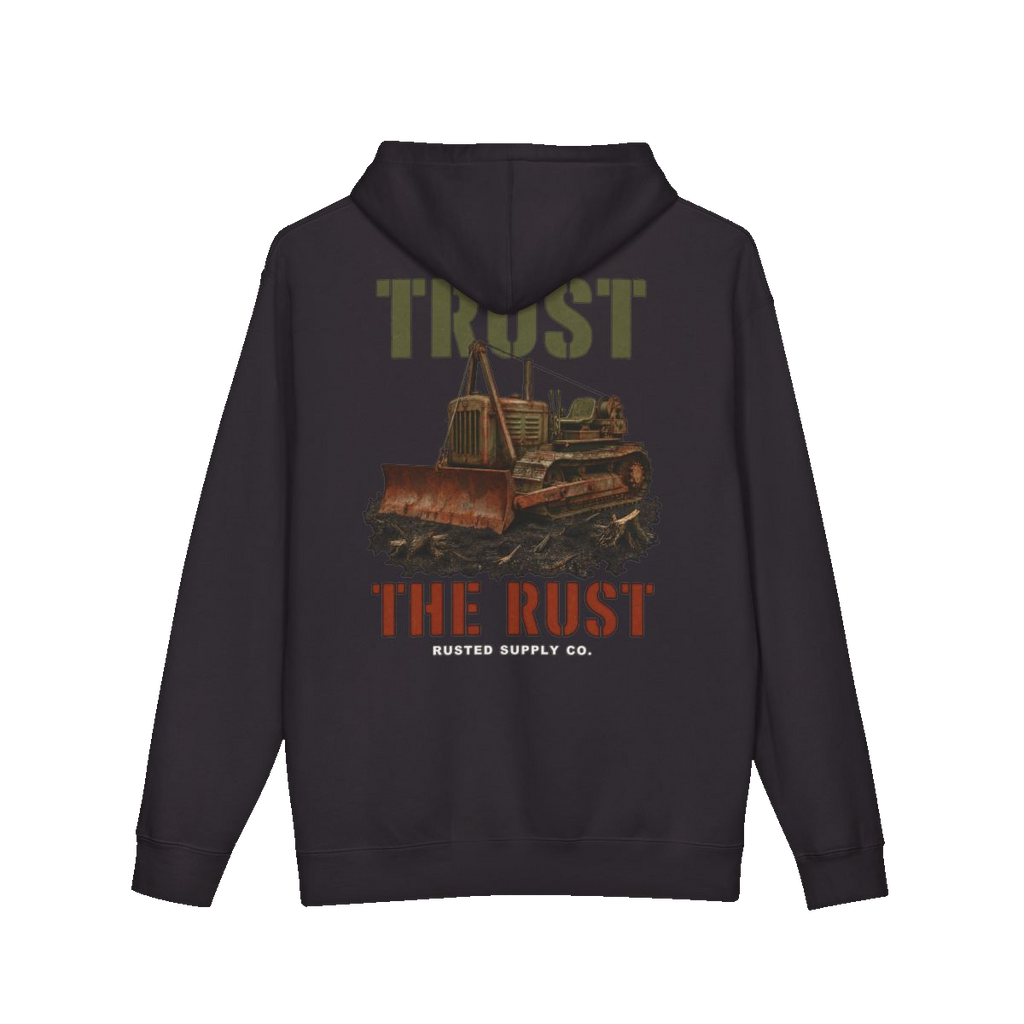TRUST THE RUST cable dozer back print on a black hoodie