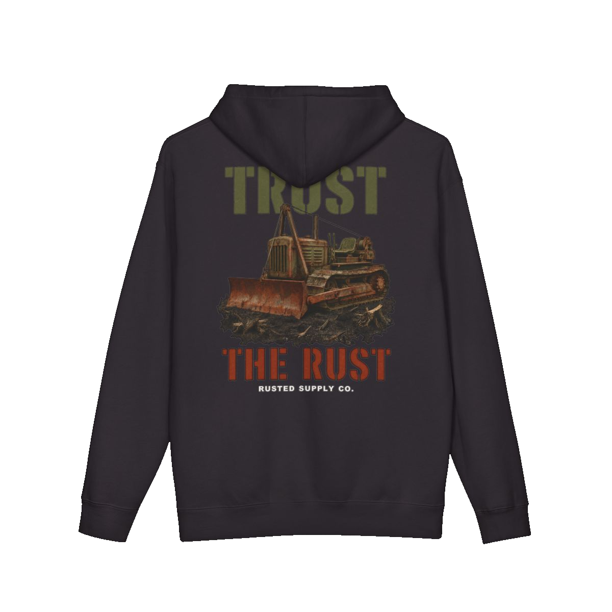 TRUST THE RUST cable dozer back print on a black hoodie