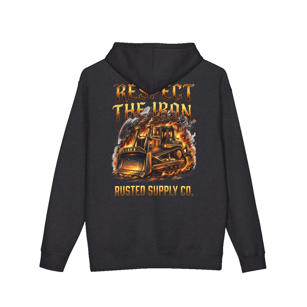RESPECT THE IRON crawler dozer back print on a charcoal heather hoodie