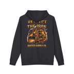 RESPECT THE IRON crawler dozer back print on a charcoal heather hoodie