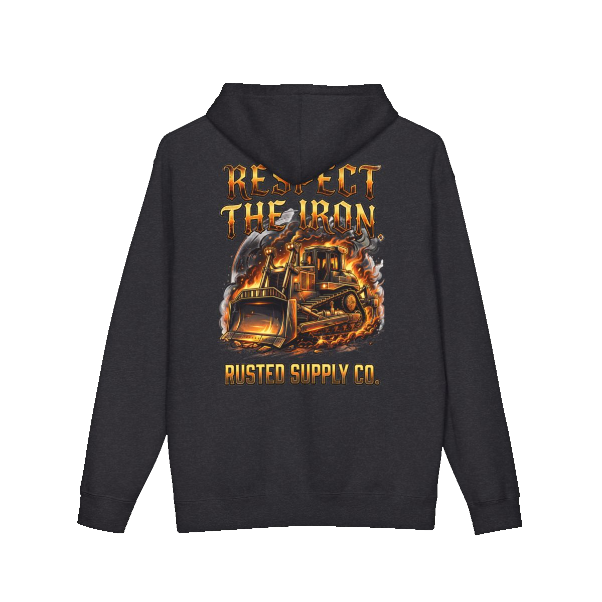 RESPECT THE IRON crawler dozer back print on a charcoal heather hoodie