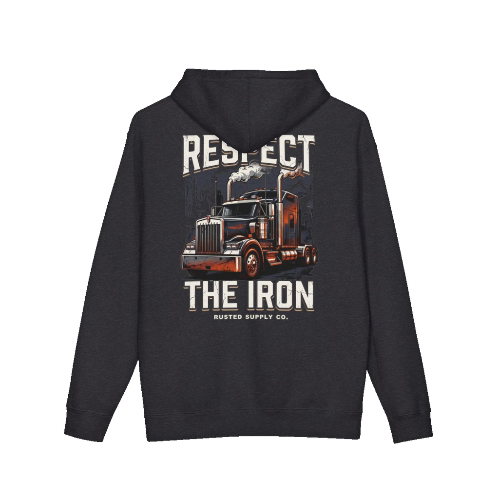 RESPECT THE IRON conventional semi back print on a charcoal heather hoodie