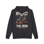 RESPECT THE IRON conventional semi back print on a charcoal heather hoodie