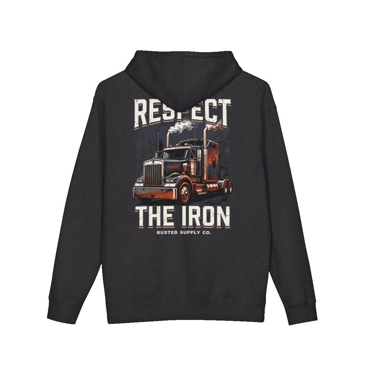 RESPECT THE IRON conventional semi back print on a charcoal heather hoodie