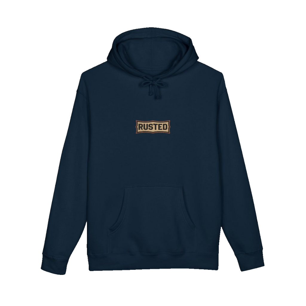 RESPECT THE IRON chest badge on a navy hoodie
