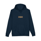 RESPECT THE IRON chest badge on a navy hoodie