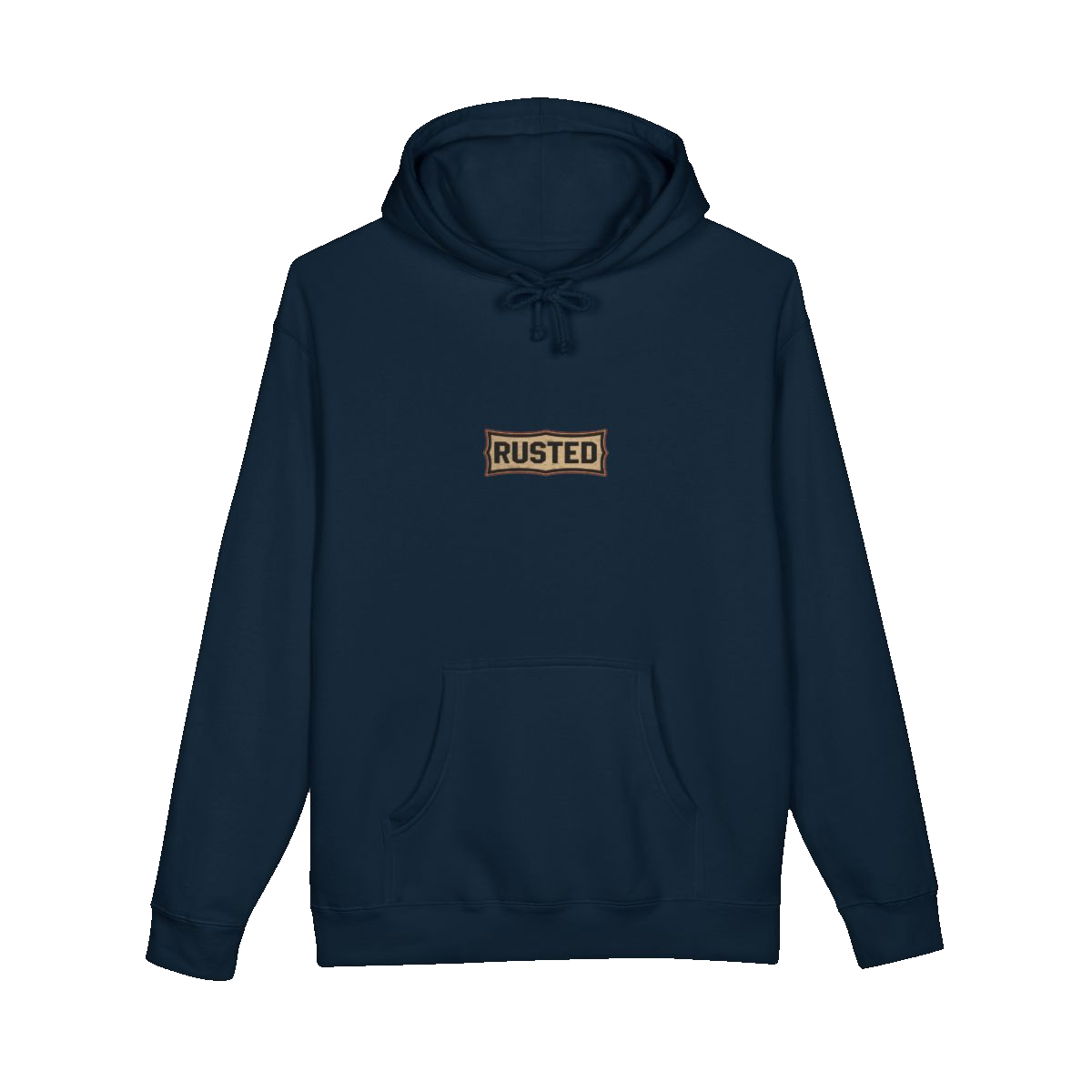 RESPECT THE IRON chest badge on a navy hoodie