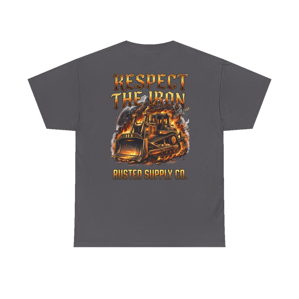 RESPECT THE IRON crawler dozer back print on a charcoal tee