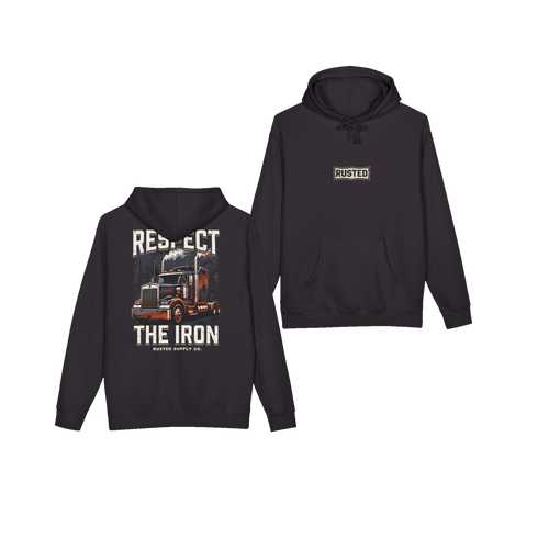RESPECT THE IRON conventional semi black hoodie, front and back