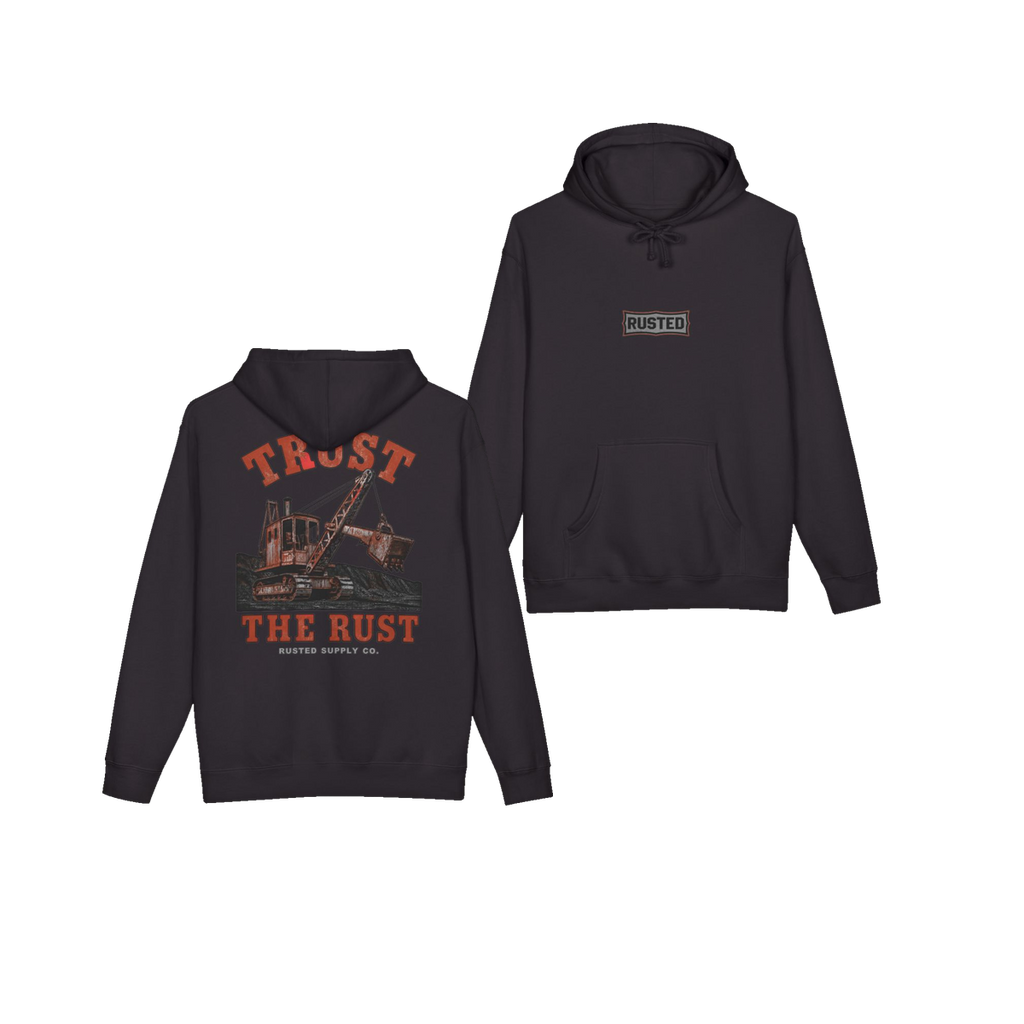 TRUST THE RUST steam shovel black hoodie, front and back