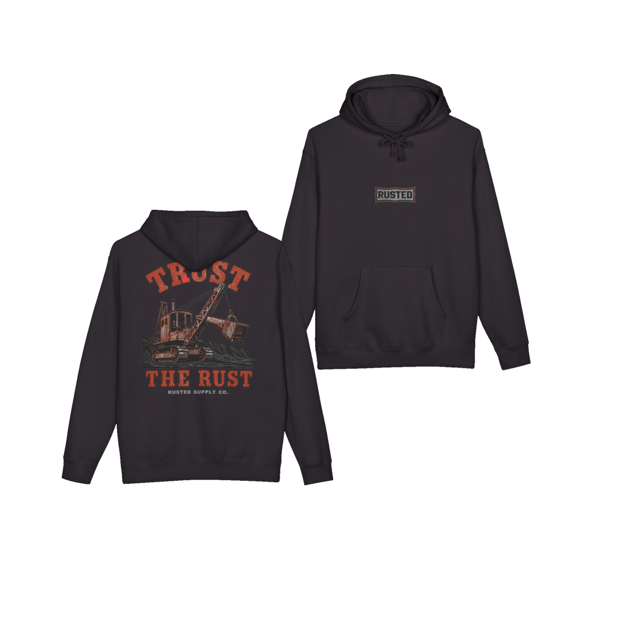 TRUST THE RUST steam shovel black hoodie, front and back