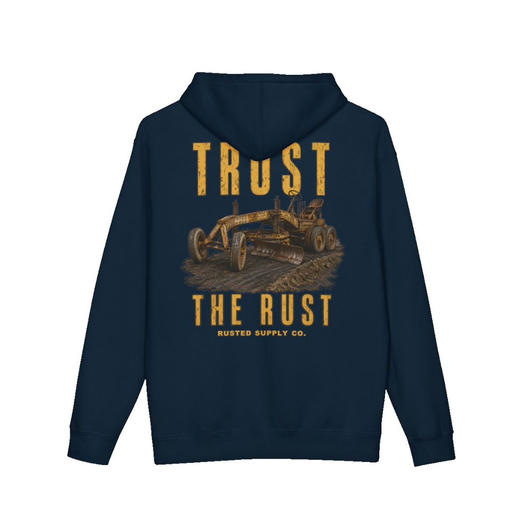 TRUST THE RUST motor grader back print on a navy hoodie