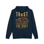 TRUST THE RUST motor grader back print on a navy hoodie