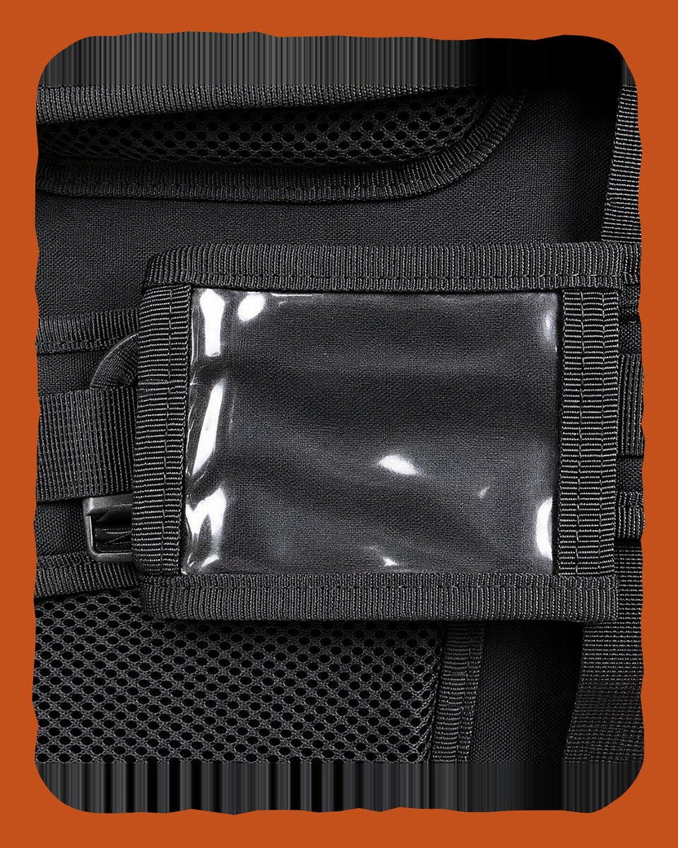 Clear vinyl ID window on the shoulder strap of the RUSTED Crew Pack