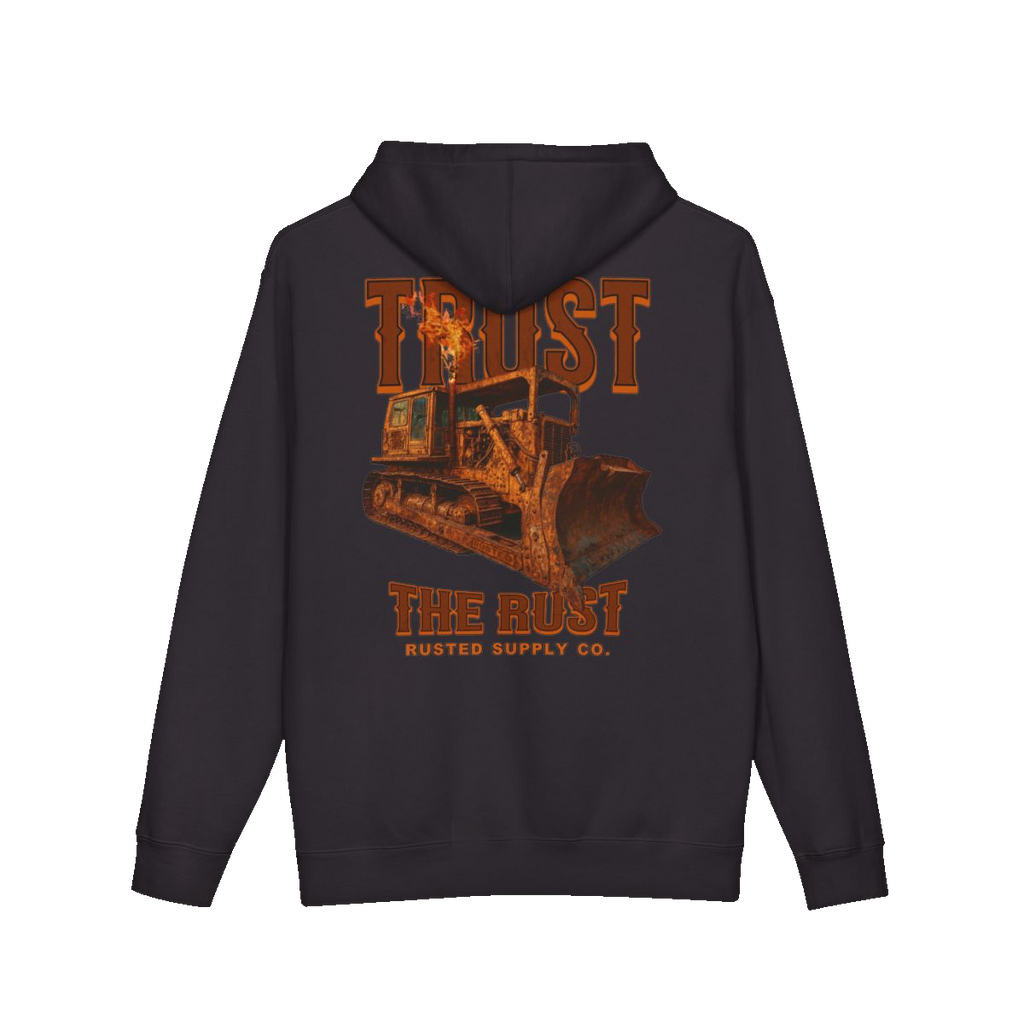 TRUST THE RUST blade dozer back print on a black hoodie