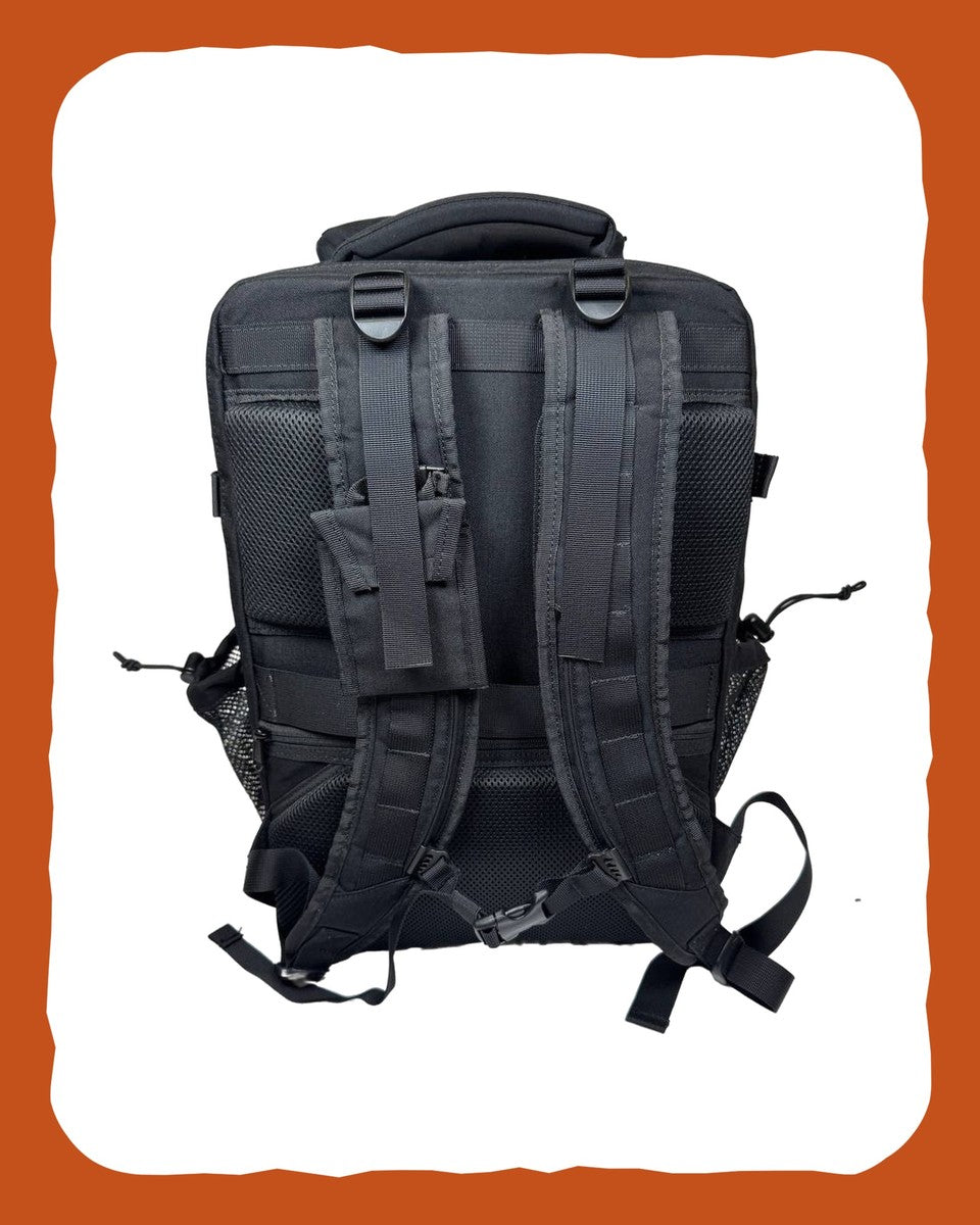 RUSTED Crew Pack back panel with padded shoulder harness and mesh back
