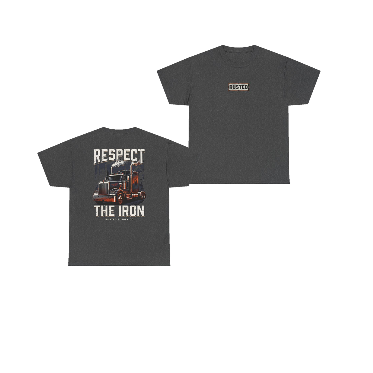 RESPECT THE IRON conventional semi dark heather tee, front and back
