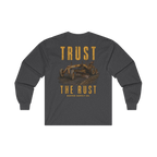 TRUST THE RUST motor grader back print on a dark heather long sleeve