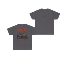 TRUST THE RUST steam shovel charcoal tee, front and back