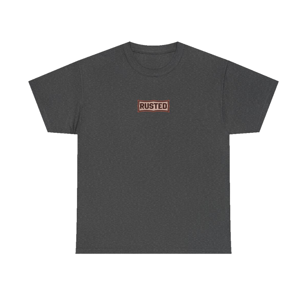 TRUST THE RUST chest badge on a dark heather tee