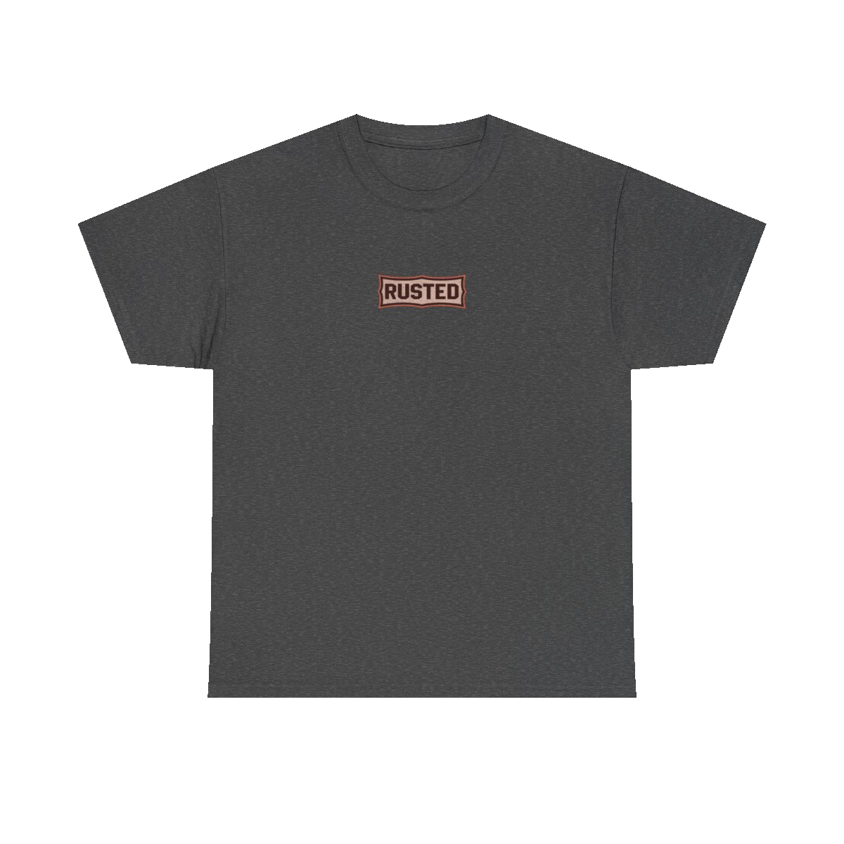 TRUST THE RUST chest badge on a dark heather tee