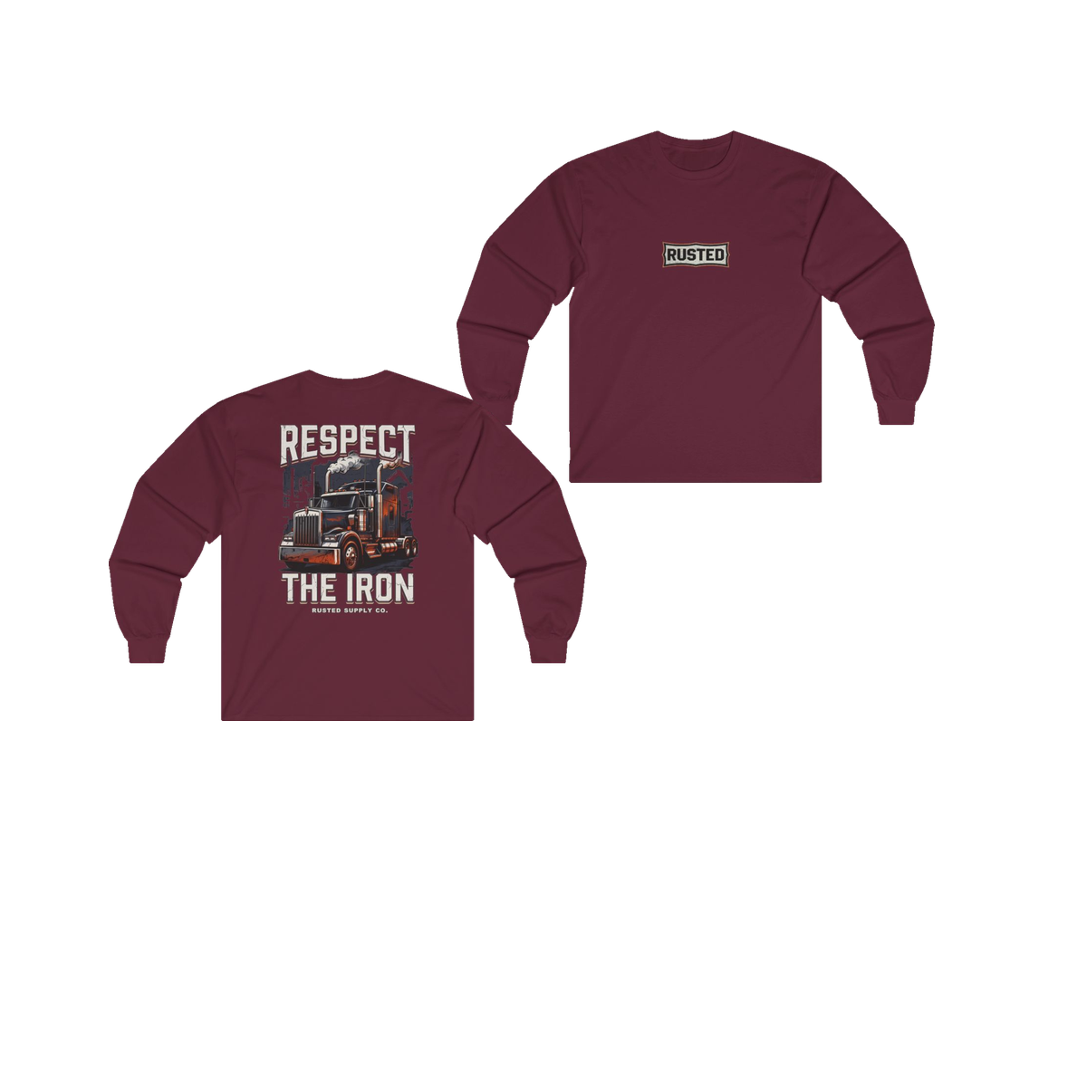 RESPECT THE IRON conventional semi maroon long sleeve, front and back
