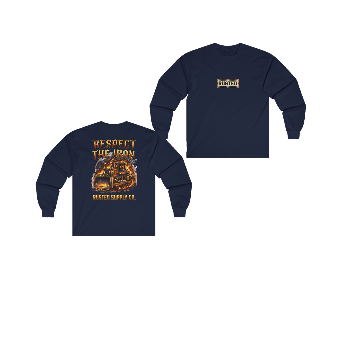 RESPECT THE IRON crawler dozer navy long sleeve, front and back