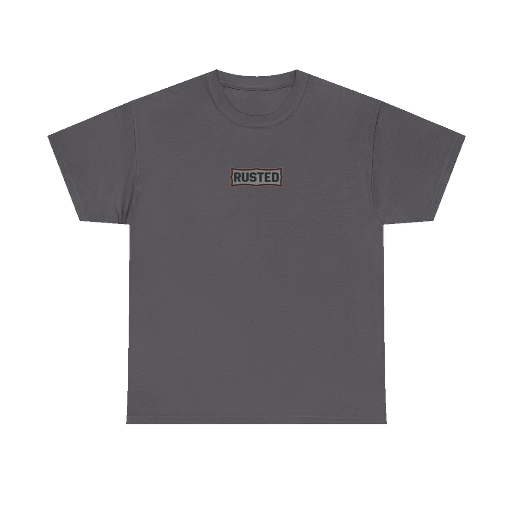 TRUST THE RUST chest badge on a charcoal tee