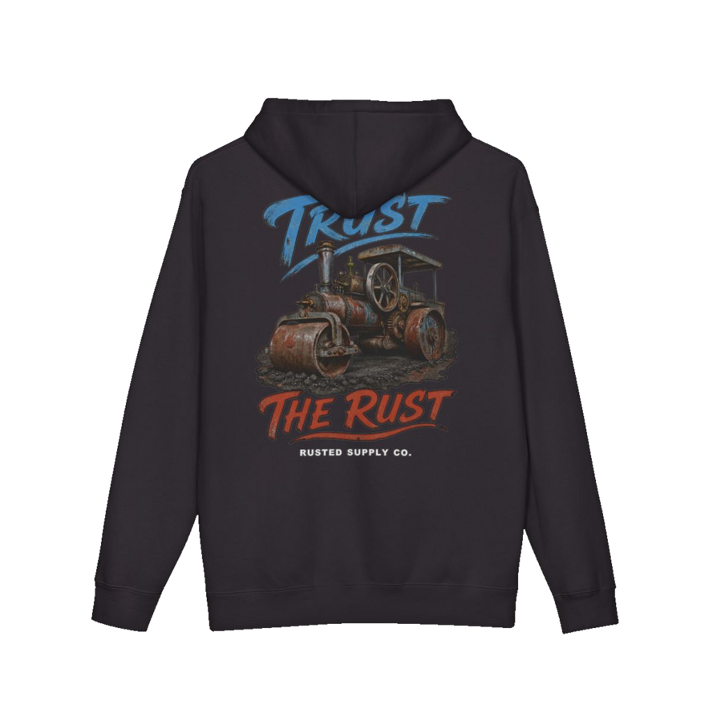 TRUST THE RUST steam roller back print on a black hoodie